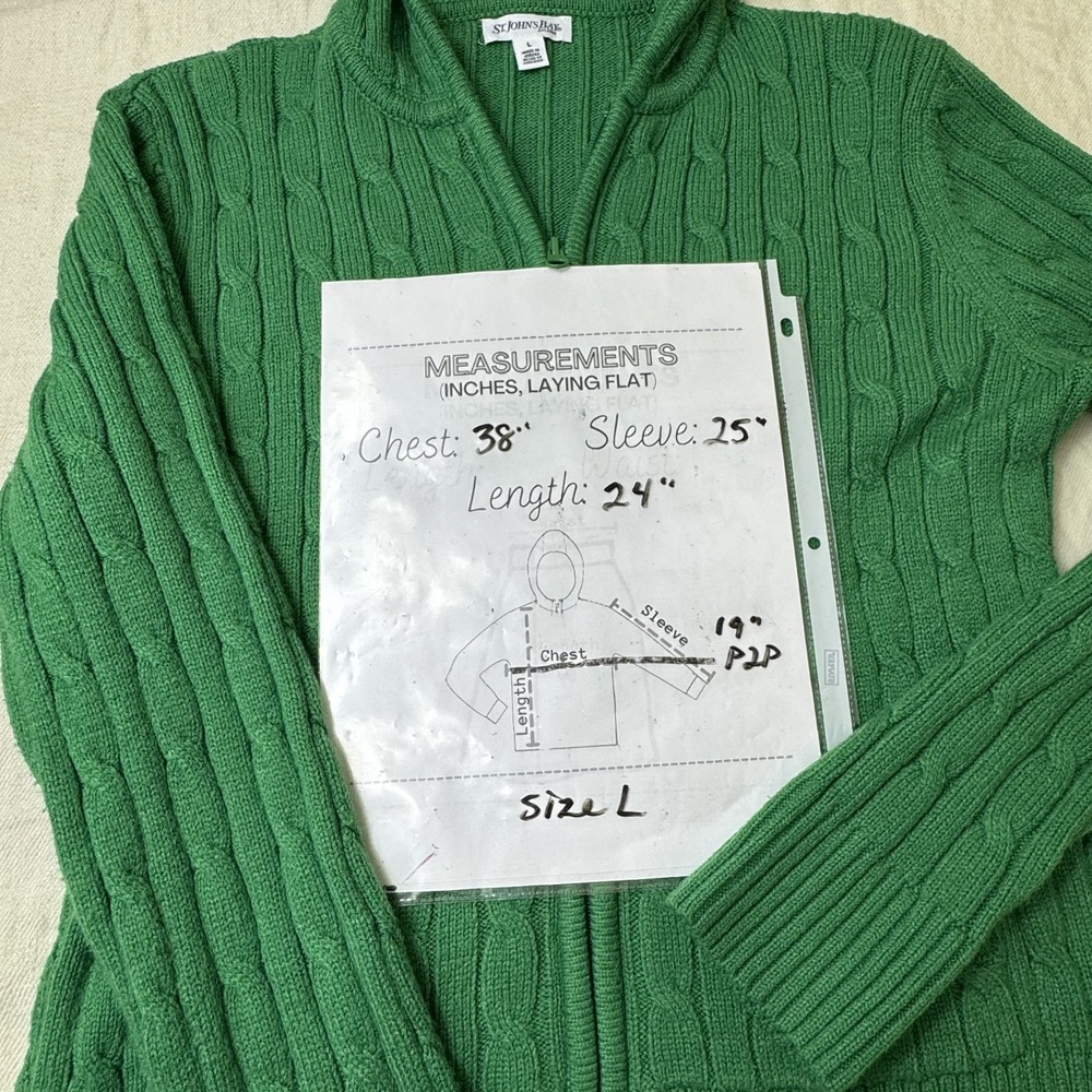 St. John's Bay Cable Knit Hooded Cardigan Sweater Women L Green Preppy Old Money - Picture 6 of 12
